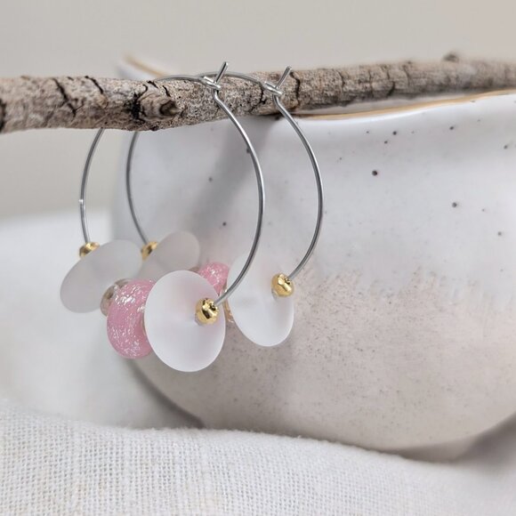 Pink Shimmer Glass Beaded Steel Hoop Earrings - Picture 7 of 7